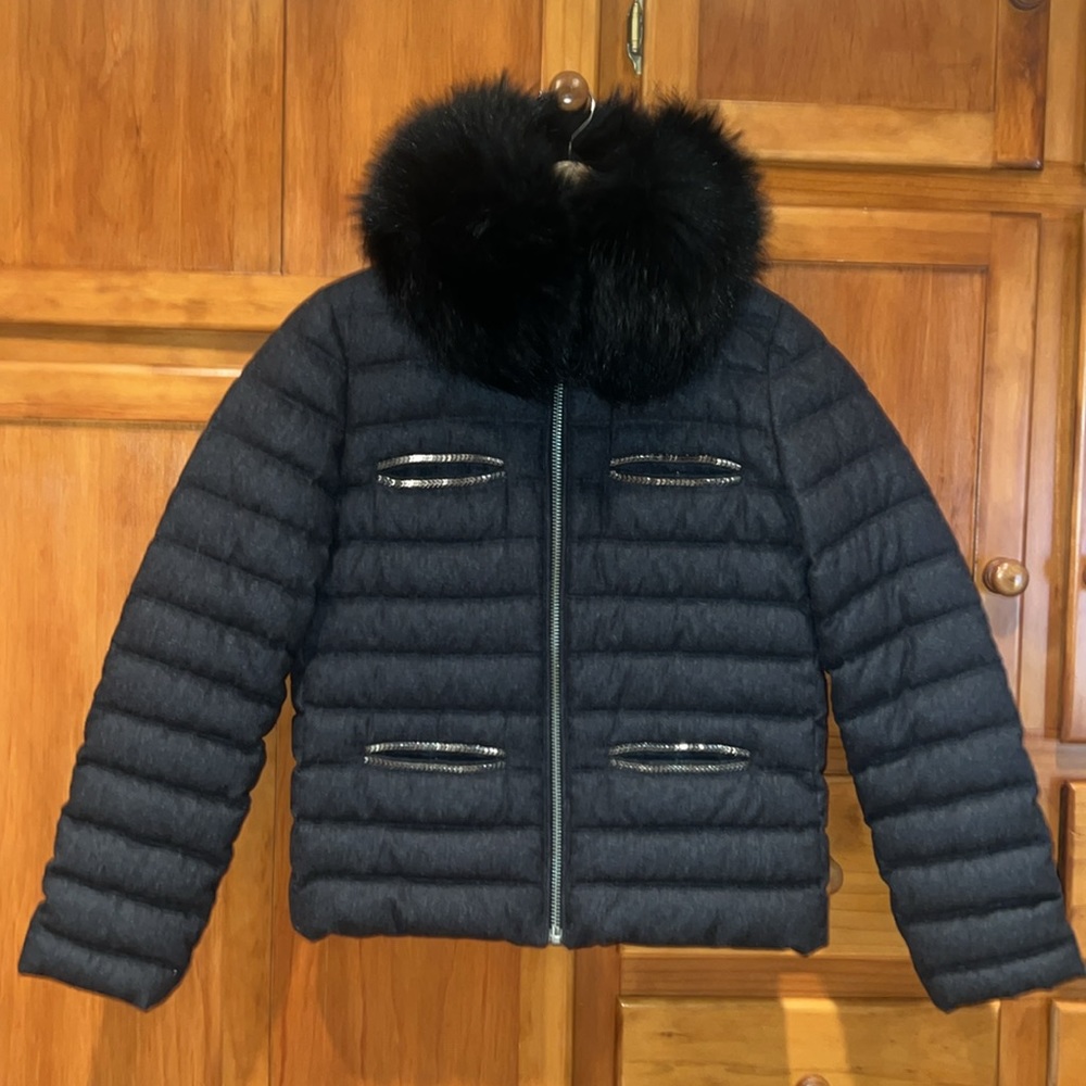 The Kooples Heather Black Wool/Cashmere Down Jacket with Detachable Fur Collar